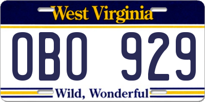 WV license plate OBO929