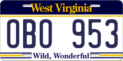 WV license plate OBO953