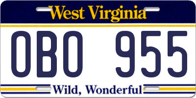 WV license plate OBO955