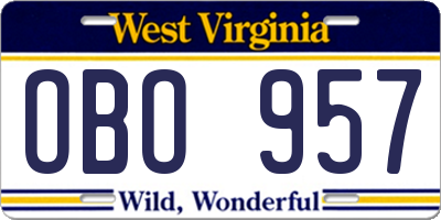 WV license plate OBO957