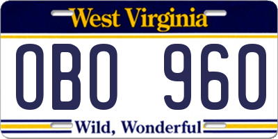 WV license plate OBO960