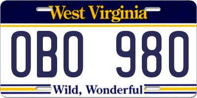 WV license plate OBO980