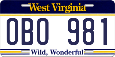 WV license plate OBO981
