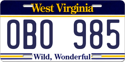 WV license plate OBO985