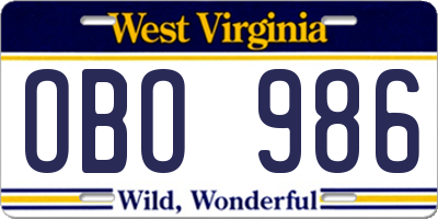 WV license plate OBO986