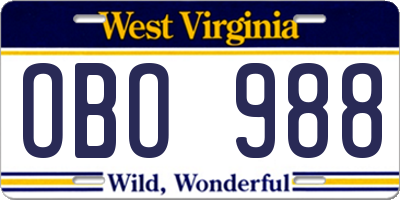 WV license plate OBO988