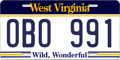 WV license plate OBO991