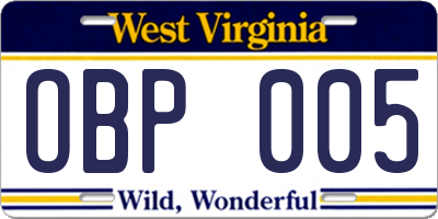 WV license plate OBP005