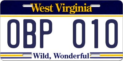 WV license plate OBP010