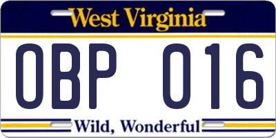 WV license plate OBP016