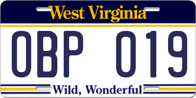WV license plate OBP019
