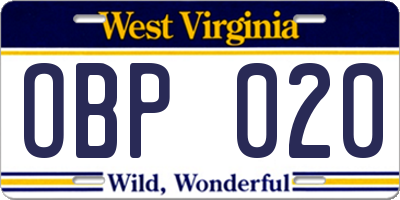 WV license plate OBP020