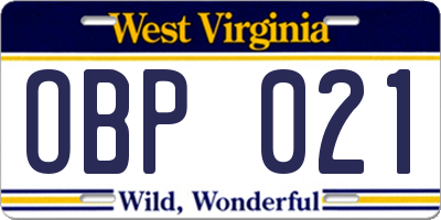 WV license plate OBP021