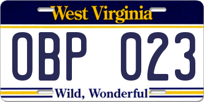 WV license plate OBP023