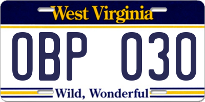 WV license plate OBP030