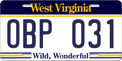 WV license plate OBP031
