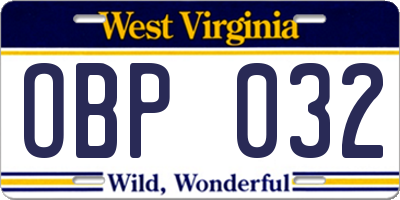 WV license plate OBP032