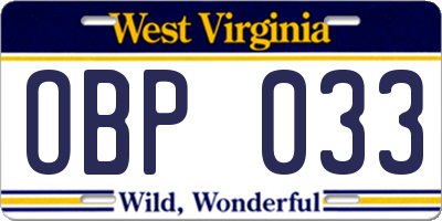 WV license plate OBP033
