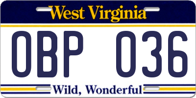 WV license plate OBP036