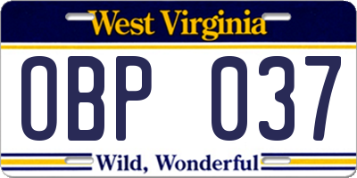 WV license plate OBP037