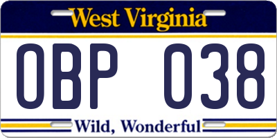 WV license plate OBP038