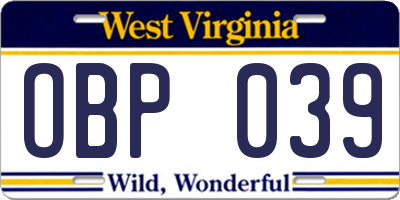 WV license plate OBP039