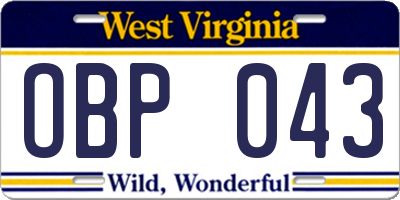 WV license plate OBP043