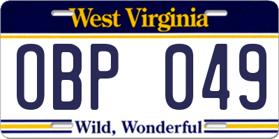 WV license plate OBP049