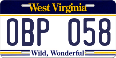 WV license plate OBP058