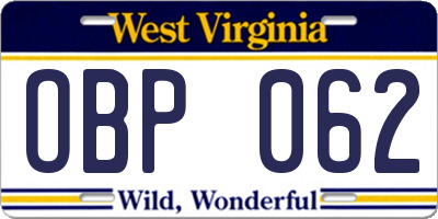 WV license plate OBP062