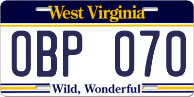 WV license plate OBP070