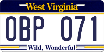 WV license plate OBP071