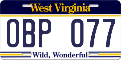 WV license plate OBP077