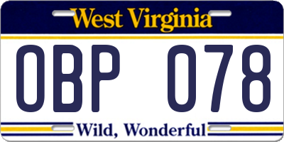 WV license plate OBP078
