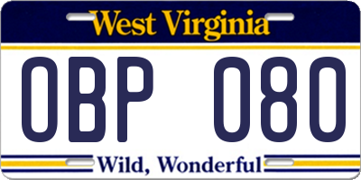 WV license plate OBP080