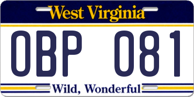 WV license plate OBP081