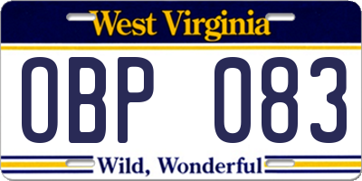 WV license plate OBP083