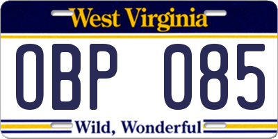 WV license plate OBP085