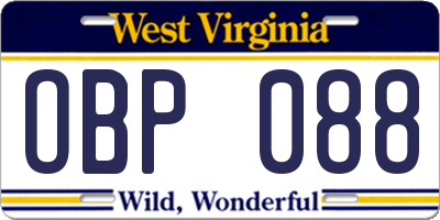WV license plate OBP088