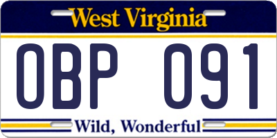 WV license plate OBP091