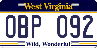 WV license plate OBP092