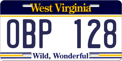 WV license plate OBP128
