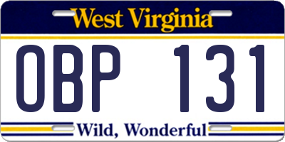 WV license plate OBP131