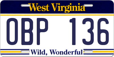 WV license plate OBP136
