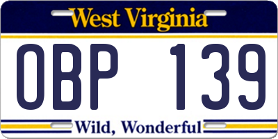 WV license plate OBP139