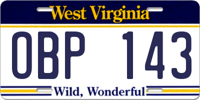 WV license plate OBP143