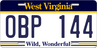 WV license plate OBP144