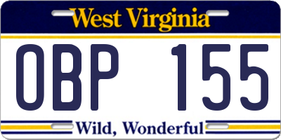 WV license plate OBP155