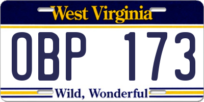 WV license plate OBP173
