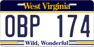 WV license plate OBP174
